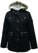 Womens Plus Size Warm Quilt Lined Black Parka Coat Fleece Lined Hood Jacket 