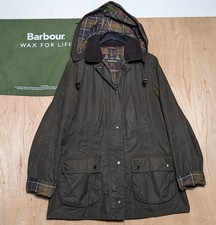 Barbour Beadnell Wax Waterproof Olive Green Country Jacket Size 12 With Hood