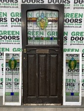 1930s STAINED GLASS DOOR ART DECO WITH SIDE WINDOWS WOODEN LEADED EXTERIOR USED