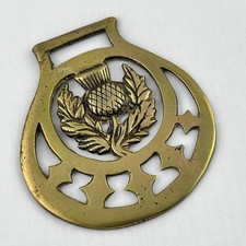Brass Horse Medallion Antique English Scottish Thistle Flower Peerage Harness