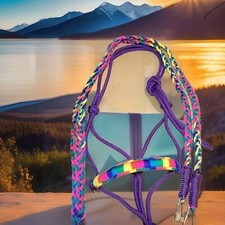 Handwoven Bright Purple/Rainbow  Rope Bitless Bridle & Matching Reins Full Size