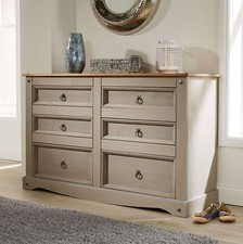 Chest of Drawers Pine 6 Drawer Solid Pine Mexican Wooden Sideboard Corona Grey
