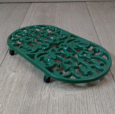 Green Oblong Cast Iron Trivet Pot Stand Enamelled 27 x 14cm 11 x 5.5 Inch 4 Feet