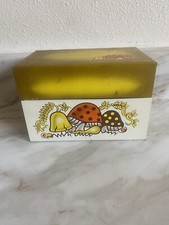 Vintage Merry Mushroom Recipe Box Metal Tin W/Index Cards Yellow/ Green