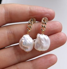 June Pearl Large 13-14mm  White Keshi Baroque Flameball Pearl  O Line Earing
