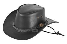 Australian Western style Cowboy Black Hat Real Leather with Chin Strap Hat H-180