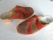 Vintage Scholl Camilla Orange & Brown Suede Wooden Heeled Mules Clogs UK Size 6