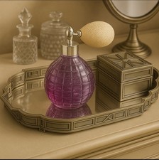 VINTAGE HAND MADE AMETHYST COLOURED GLASS PERFUME BOTTLE WITH ATOMISER  PUFF VGC