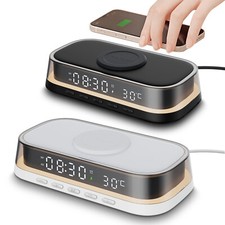 Alarm Clock Wireless Charger Dock Charging Station With Night Light Thermometer