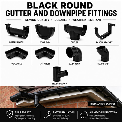 Black half round guttering - black,