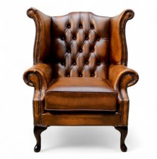 Chesterfield Queen Anne High Back Wing Chair Real Leather Antique Tan