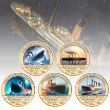 The RMS Titanic x5 Gold Plated Commemorative Coins In box - In Memory