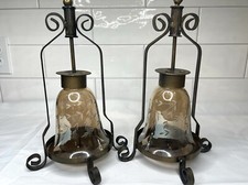 Arts & Crafts MCM Antique-Brass Storm Lanterns Candle Holders Etched Glass Pair