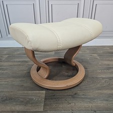 Retro Ekornes Stressless Footstool Cream Beech Wood Circular Base Leather Vinyl