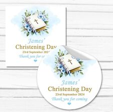 Personalised Christening Stickers Baptism Favours Labels Blue Floral Bible