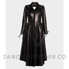 Black Leather Trench Coat for Women Long Gothic Victorian Style Flared Jacket