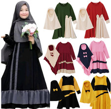 Muslim Kid Girls Hijab Dress Prayer Khimar Jilbab Niqab Abaya Ramadan Kaftan Set