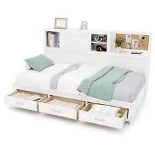 Compact Double Size Daybed Wooden Sofa Bed Frame w/ Storage Shelves & 3 Drawers