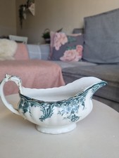 Antique Wedgwood Royal Semi Porcelain Gravy Boat Green Floral Gold Trim