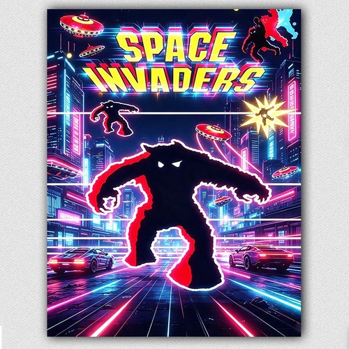 Space invaders metal sign - invaders, wall