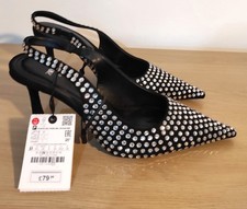 Zara Black Rhinestone Embellished Slingback High Heel Shoes Size 4 37