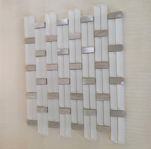 Geometric white glass mosaic - white,