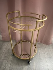 Gold Metal & Glass Bar Cart / Drinks Trolley with Mirror Shelf and Wheels
