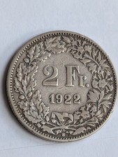 SWITZERLAND  SILVER 2 FRANCS 1922 MINTMARK B Bern.