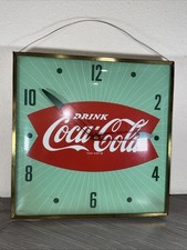 Vintage Drink Coca Cola Pam Fishtail Square Clock Green Fully Working Rare Coke