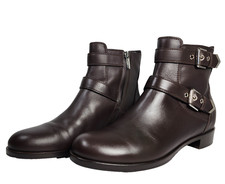 Gianvito Rossi Brown Leather Double Buckle Straps Moto Ankle Boots Size 39 Italy