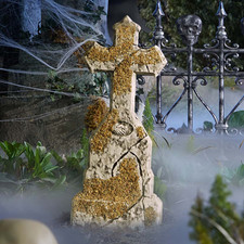 Halloween Weathered Cross Tombstone with Moss - 62 cm