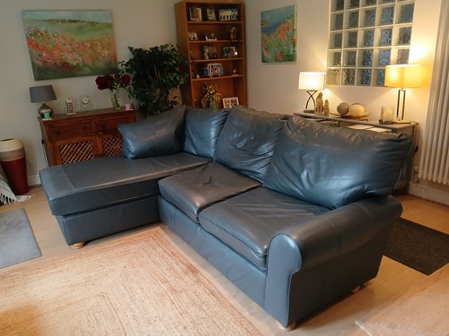 Grey leather shaped - leather, sofa