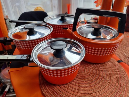 Vintage retro orange saucepans - retro,
