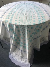 VINTAGE Large Oval White Blue Floral Print On Tablecloth 225X140cm
