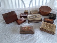 Vintage Marquetry and other boxes plus leather hat box. 