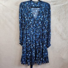 The Kooples Womens Dress Blue Black Button Front Tie Belt Ruffle V Neck Size 10