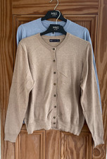 Ex M&S Collection New Crew Neck Button Cardigan Top Light Blue Brown Size 8 - 24