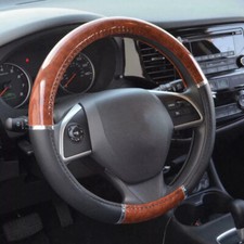 15'' Vehicle Car Steering Wheel Cover Wood Grain Anti Slip Leather Universal