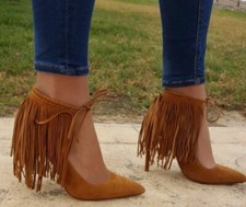 ZARA BROWN FRINGE LEATHER HIGH HEEL SHOES SIZE UK 3 4 5 6