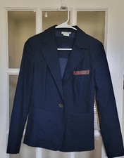 Lacoste Women's Navy Blazer Jacket Faux Leather Elbow Patch Size 34 XXS