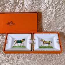 Hermes Paris Mini Ashtray A Set of 2 Horse Design Porcelain Change Tray w/Box