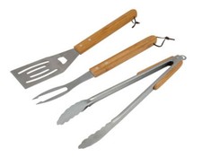 Campingaz Barbecue BBQ Utensil Kit Spatula, Tongs, Fork Bamboo Handle 2000030869
