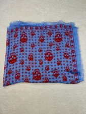 Alexander McQueen Skull Print Scarf Blue Red Modal Silk Blend Designer Shawl