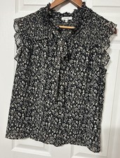 PLEIONE Women’s Black Floral Smocked  Blouse Top Flutter Sleeves Size S