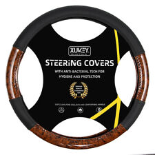 15'' Car Steering Wheel Cover Wood Grain Black Leather Breathable Non-slip