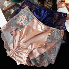 Women Satin Ice Silk Seamless Panties Underwear Sexy Lace French Knickers Brief
