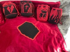 Mini Black Red Crochet Drawstring Bag Crystals / Dice — Scarab — Drips  — Coffin