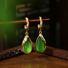 Green Real Jade Water drop Earrings Ear Stud 18K Gold Plated Luxury Designer