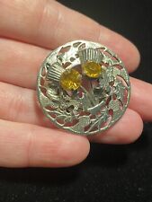 Vintage Mizpah Double Thistle Silver Plated Brooch Simulated Citrine Signed 1.3"