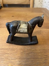 Vintage Wooden Hand Carved Rocking Horse With  Brass & Mother Of Pearl Inlay